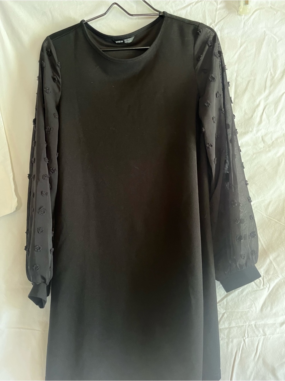 SHEIN Black Long-Sleeve Shift Dress with Sheer Embroidered Sleeves